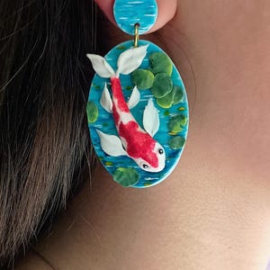 Koi Fish Earrings Dangle Polymer Clay Earring Statement Art Earrings Japanese Earrings Unique Gift for Her Koi Fish Jewelry Gift Ideas image 5