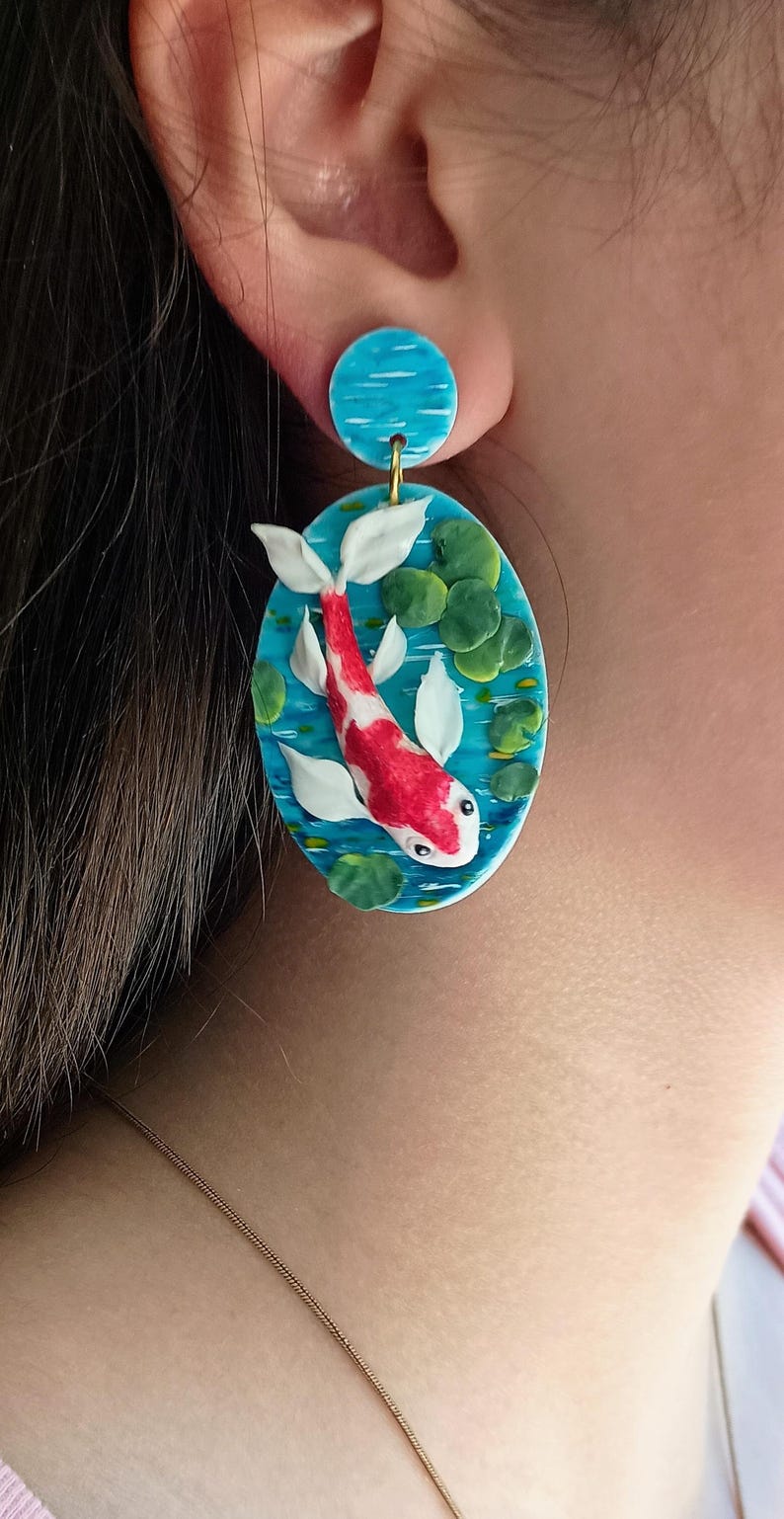 Koi Fish Earrings Dangle Polymer Clay Earring Statement Art Earrings Japanese Earrings Unique Gift for Her Koi Fish Jewelry Gift Ideas image 5