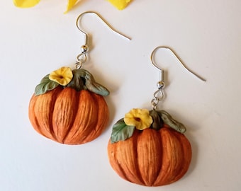 Pumpkin Earrings Dangle Fall Earrings Handmade Polymer Clay Earrings Autumn Jewelry Gift for Mother Gift Ideas for Wife Cottage Core Earring