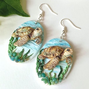 Sea Turtle Earrings Dangle Beach Earrings Handmade Polymer Clay Beach Jewelry  Gift for Her Unique Turtle Gift Idea for Mother