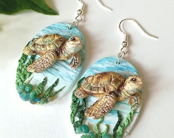 Pendientes de tortuga marina, pendientes colgantes de playa, joyería de playa de arcilla polimérica hecha a mano, regalo para ella, idea de regalo única de tortuga para madre
