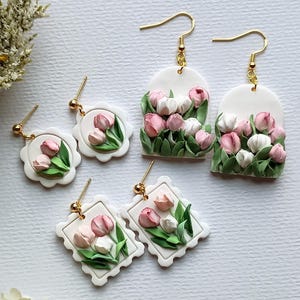 Pink Tulip Earrings Dangle Spring Flower Earrings Handmade Polymer Clay Earrings Tulip Birthday Gift for friend Jewelry Gift for Mother