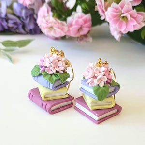 Book Earrings Dangle Hydrangea Earrings Handmade Polymer Clay Jewelry Gift for Book Lovers Unique  Bookish Earrings Gift