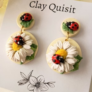 Ladybug Earrings Dangle White Daisy Earrings Handmade Polymer Clay Earrings Ladybug Gifts Cottage Core Gift for Her