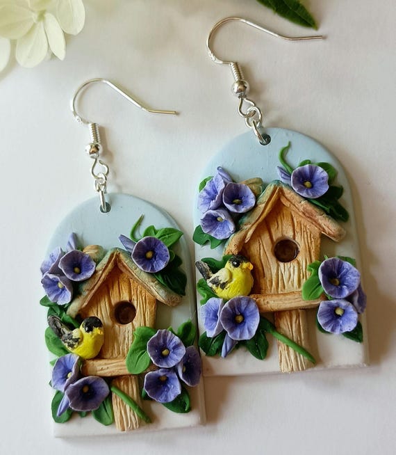 Cottage Core Bird House Earrings Dangle Bird Earrings Handmade Polymer Clay Jewelry Gift for Her Whimsical Earrings Unique Flower Jewelry