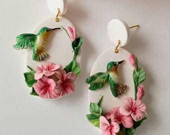 Pendientes de colibríes, pendientes colgantes de pájaros, pendientes de arcilla polimérica hechos a mano, regalo de colibrí para amantes de las aves, regalo de Navidad para ella