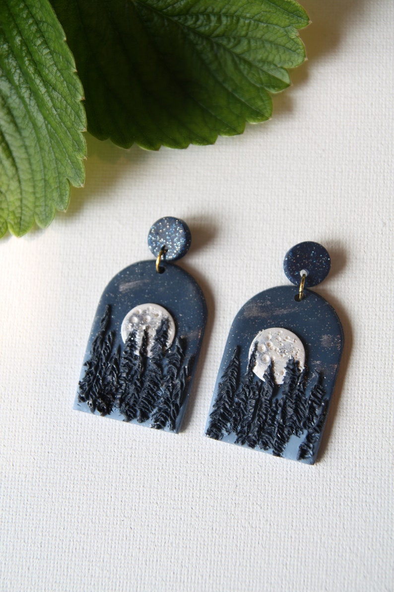 Moon Earrings Handmade Polymer Clay Earrings Dangle Night Landscape Earrings Scenice Nature Jewelry Dark Academia Whimsical Gift for Mother image 3