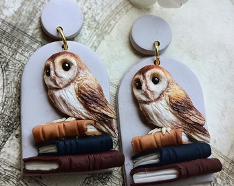 Book Earrings Dangle Owl Earrings Gifts for Book Lovers Handmade Polymer Clay Earrings Cottage Core Whimsical Jewelry 2 1/4 inches long