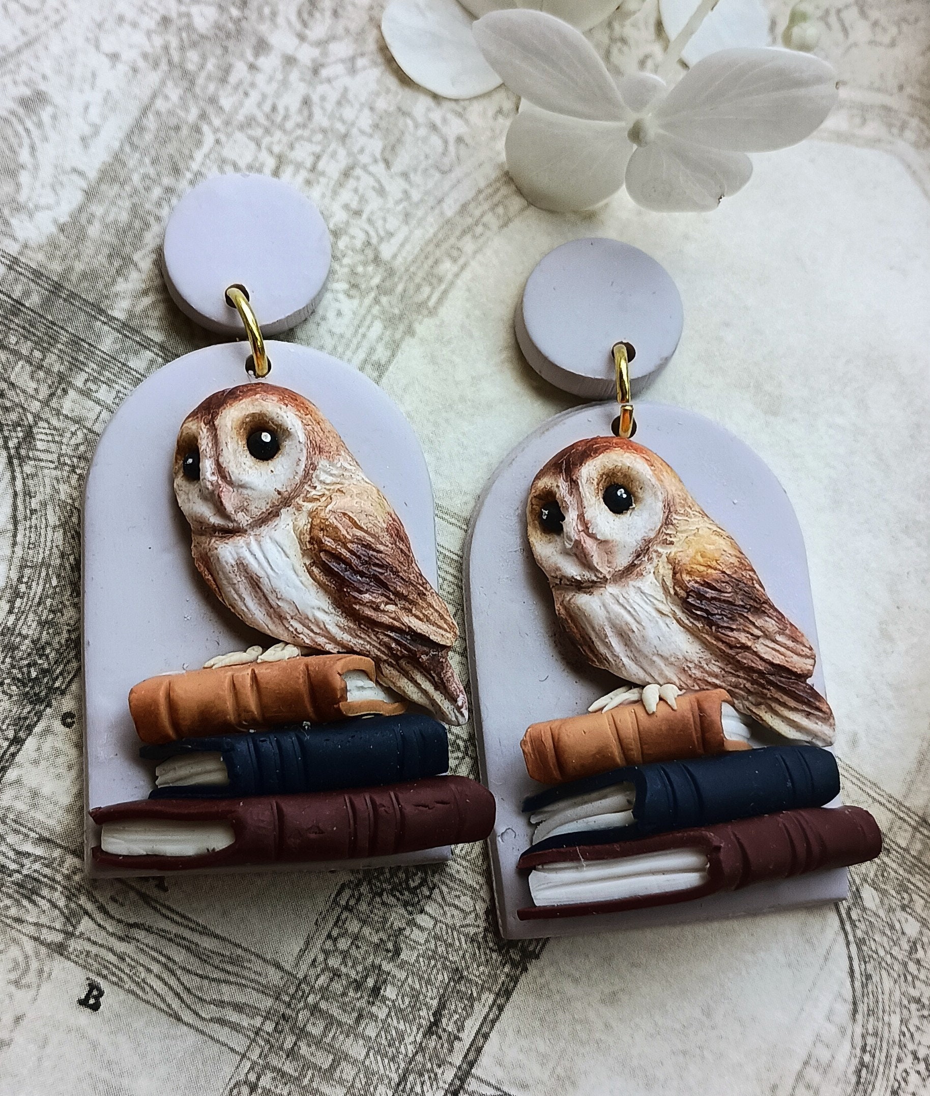 PRE-ORDER Book Earrings Dangle Owl Earrings Gifts for Book Lovers Handmade Polymer Clay Earrings Cot
