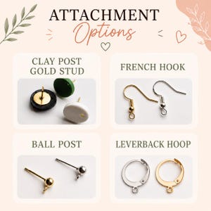 Puede incluir: Un gr&aacute;fico informativo titulado ATTACHMENT Options que muestra cuatro estilos de accesorios para pendientes: postes dorados con base de arcilla en negro, verde y blanco, ganchos franceses dorados y plateados, postes de bola dorados y plateados y aros de palanca.