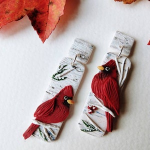 Red cardinal earrings - Winter earrings- Handmade polymer clay earrings -2 1/2 inches long - Nickel free