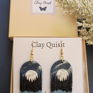 Moon Earrings Handmade Polymer Clay Earrings Dangle Night Landscape Earrings Scenice Nature Jewelry Dark Academia Whimsical Gift for Mother image 4