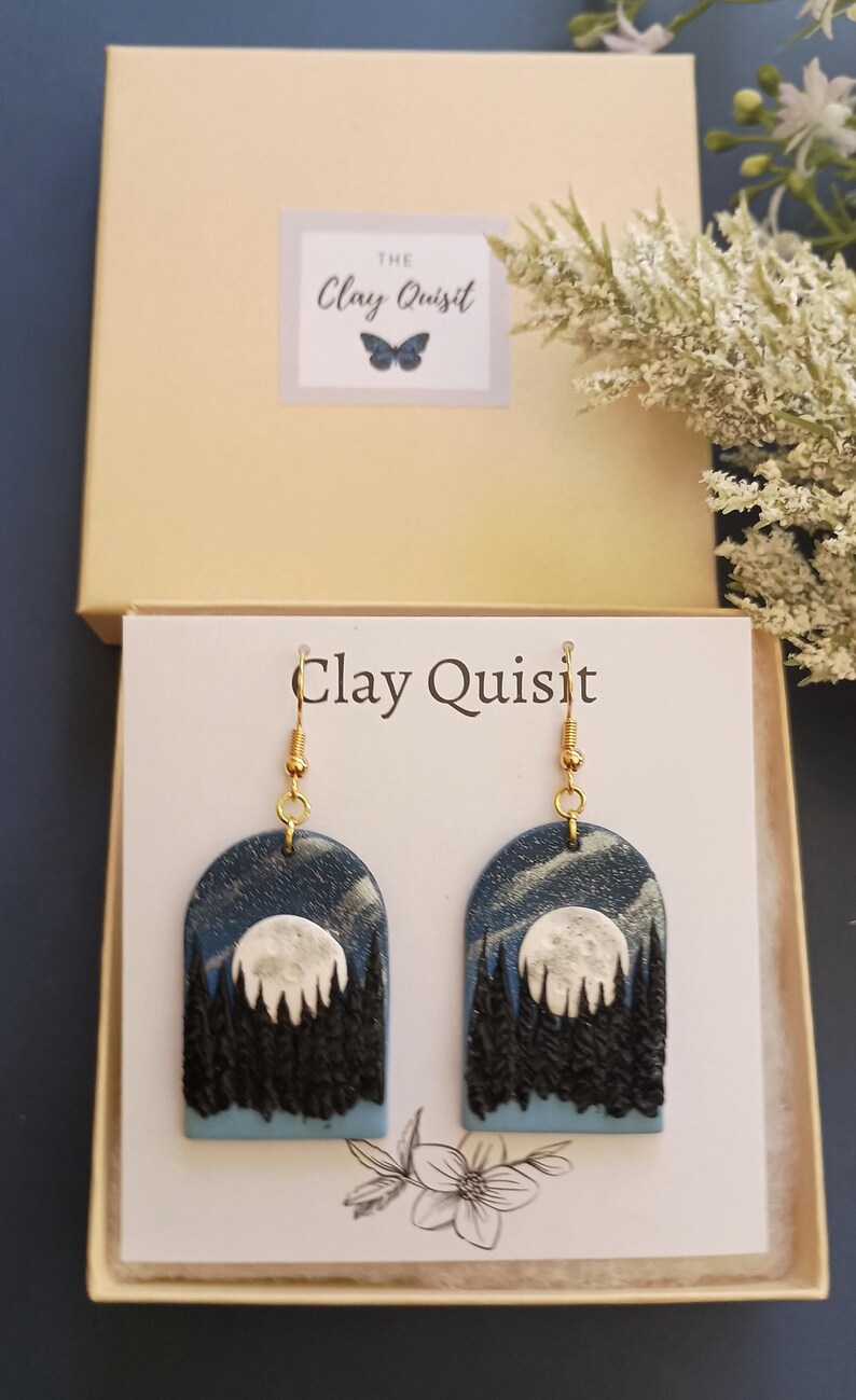 Moon Earrings Handmade Polymer Clay Earrings Dangle Night Landscape Earrings Scenice Nature Jewelry Dark Academia Whimsical Gift for Mother image 4