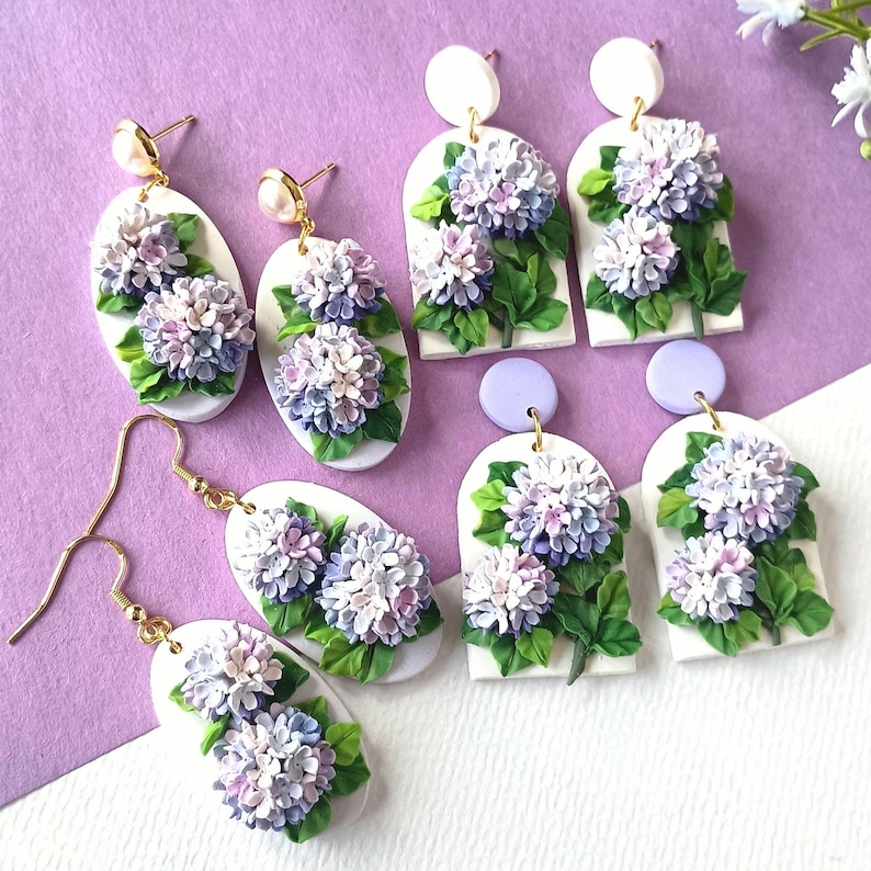 Hydrangea Earrings Dangle Floral Clay Earrings Handmade Polymer Clay Jewelry Gift for Mothers Spring Flower Earrings Gift Ideas for Wife image 3