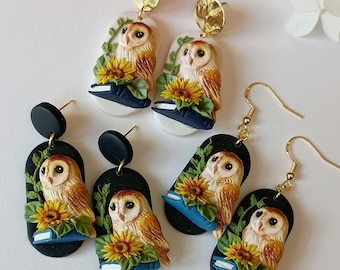Owl Earrings Dangle Book Earrings Handmade Polymer Clay Earrings Gifts for Book Lover Dainty Sunflower Jewelry Whimsical Book Gifts for Her