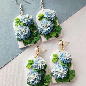 Hydrangea Earrings Dangle Floral Clay Earrings Handmade Polymer Clay Jewelry Gift for Mothers Spring Flower Earrings Gift Ideas for Wife image 9