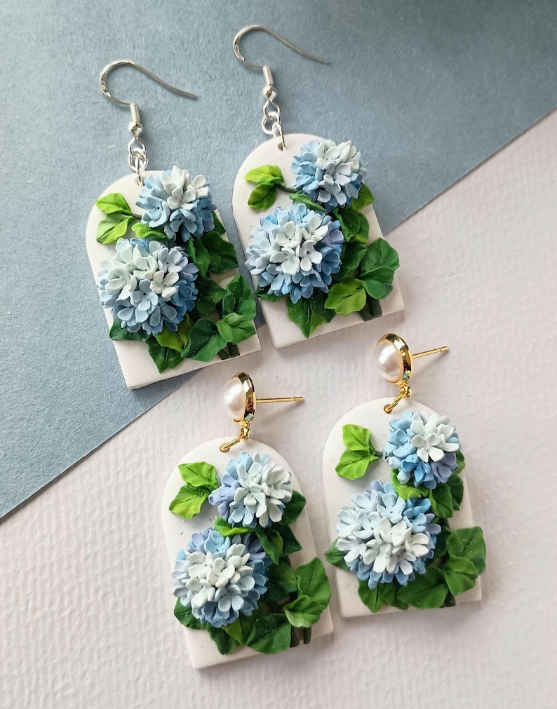 Hydrangea Earrings Dangle Floral Clay Earrings Handmade Polymer Clay Jewelry Gift for Mothers Spring Flower Earrings Gift Ideas for Wife image 9
