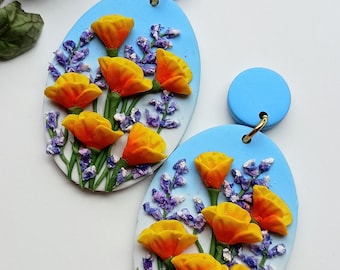 Orange Poppy Earrings Handmade Clay Earring Dangle California Poppy Jewelry California Gifts for Her Wildflower Gift Hypoallergenic Earrings