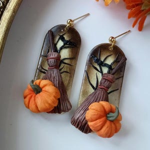 Witchy Earrings Dangle Halloween Witch Earrings Handmade Polymer Clay Pumpkin Earrings Witchy Gift Dark Academia Gift Orange