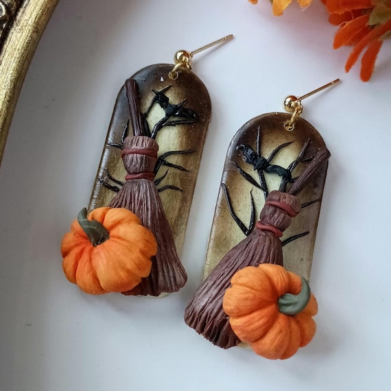 Witchy Earrings Dangle Halloween Witch Earrings Handmade Polymer Clay Pumpkin Earrings Witchy Gift Dark Academia Gift