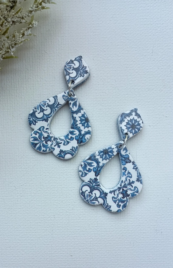 Blue and White Santorini Clay Earrings Dangle Polymer Clay
