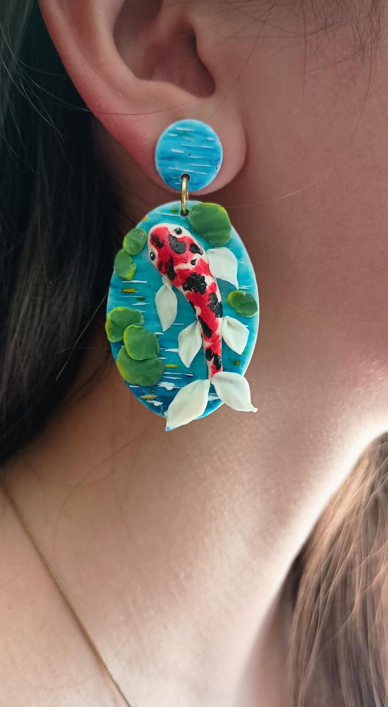 Koi Fish Earrings Dangle Polymer Clay Earring Statement Art Earrings Japanese Earrings Unique Gift for Her Koi Fish Jewelry Gift Ideas image 4