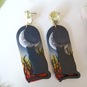 Black Cat Earrings Dangle Halloween Earrings Spooky Handmade Polymer Clay Earrings Gift Ideas for Cat Mom Witchy Jewelry Cat Gift for Her