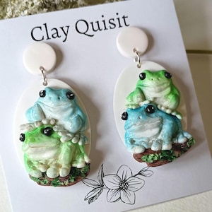 Frog Earrings Dangle Clay Earrings Handmade Frog Gift for Frog Lover Quirky Earrings Cute Frog Gifts for Friends Statement Animal Jewelry