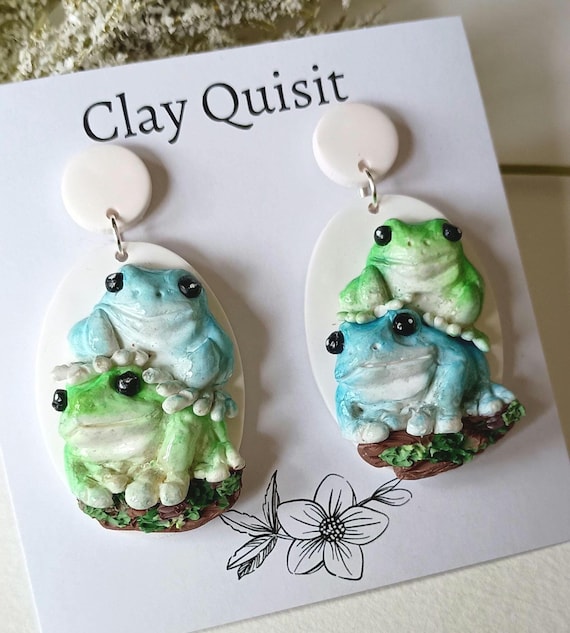 Frog Earrings Dangle Clay Earrings Handmade Frog Gift for Frog Lover Quirky Earrings Cute Frog Gifts for Friends Statement Animal Jewelry