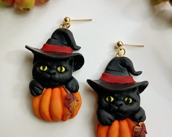 ハロウィンイヤリング - 黒猫イヤリング - カボチャイヤリング - 長さ2
