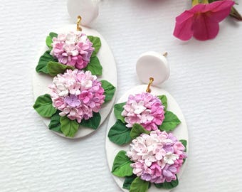 Rosa Hortensien Ohrringe Sommer Ohrringe Polymer Clay Handgemachte Geschenke für Frau Blumen Schmuck Geschenkideen für Mutter