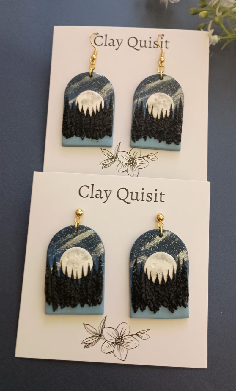 Moon Earrings Handmade Polymer Clay Earrings Dangle Night Landscape Earrings Scenice Nature Jewelry Dark Academia Whimsical Gift for Mother image 2
