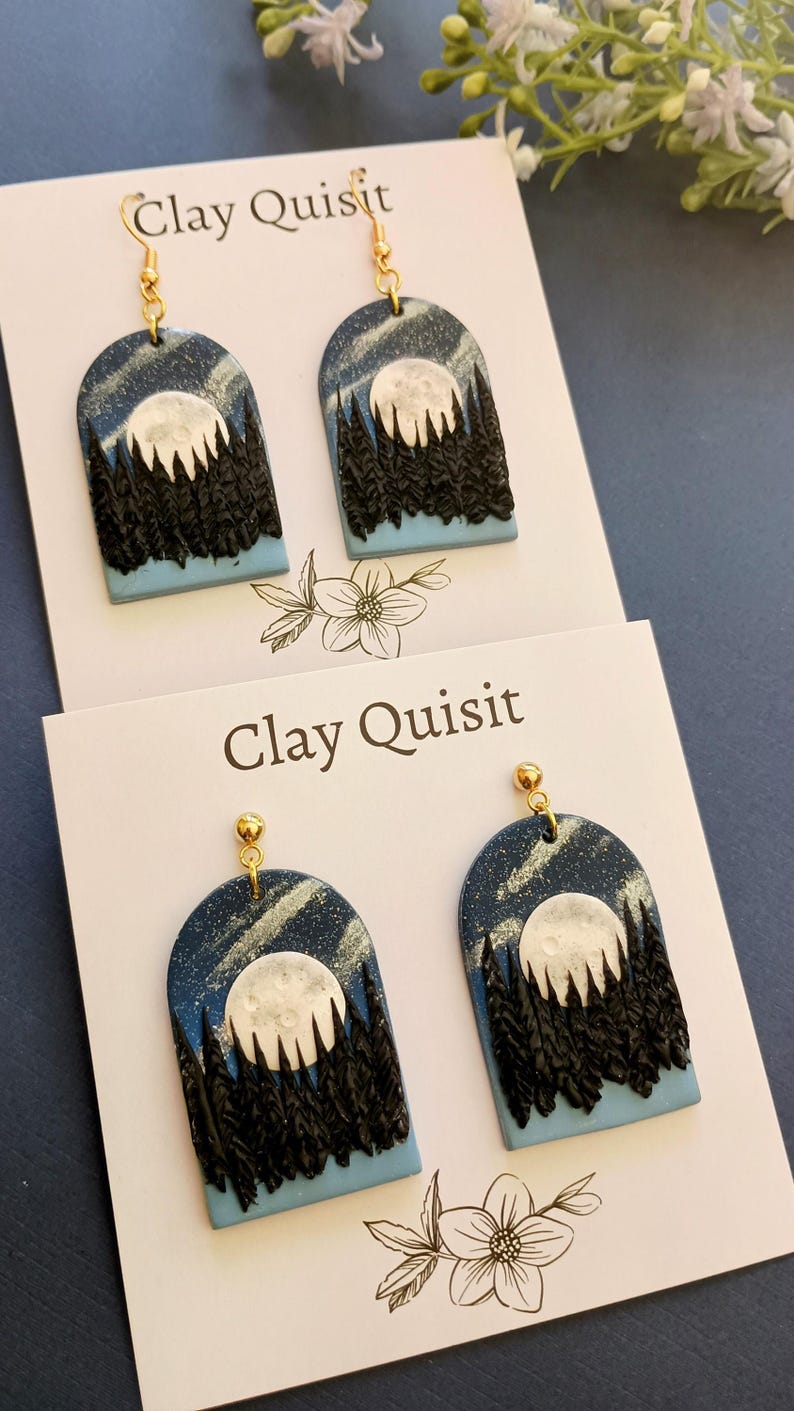 Moon Earrings Handmade Polymer Clay Earrings Dangle Night Landscape Earrings Scenice Nature Jewelry Dark Academia Whimsical Gift for Mother image 8