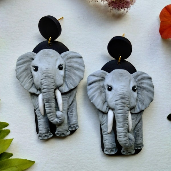 Elephant earrings - Handmade polymer clay earrings - 2 1/2 inches long - Nickel free