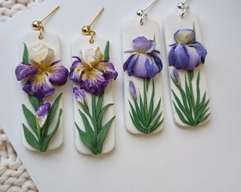Iris earrings - Floral clay earrings - Polymer clay earrings - 2 inches long - Nickel free
