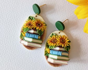 Book Earrings Dangle Clay Earrings Handmade Polymer Clay Sunflower Earrings Bookish Gifts for Teacher Jewelry Gift Ideas for Book Lover