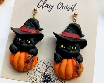 Kolczyki na Halloween - Kolczyki z czarnym kotem - Kolczyki z dynią - Długość 2 1/2 cala - Bez niklu
