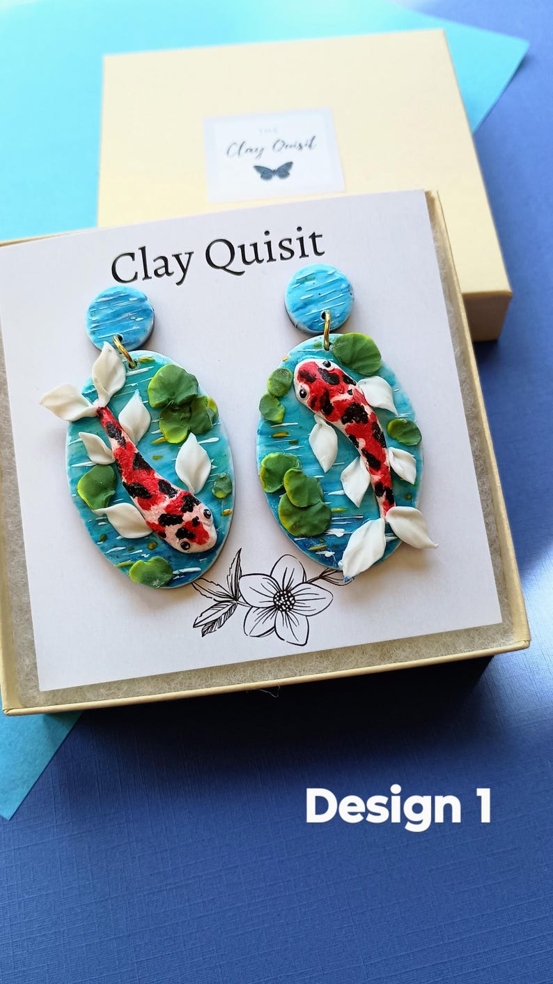 Koi Fish Earrings Dangle Polymer Clay Earring Statement Art Earrings Japanese Earrings Unique Gift for Her Koi Fish Jewelry Gift Ideas 1 - Red/Black