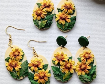 Floral Clay Earrings Dangle Sunflower Earrings Handmade Polymer Clay Earrings Yellow Flower Gift for Mother Unique Flower Gift for Wife