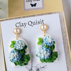 Hydrangea Earrings Dangle Floral Clay Earrings Handmade Polymer Clay Jewelry Gift for Mothers Spring Flower Earrings Gift Ideas for Wife Oval - Blue