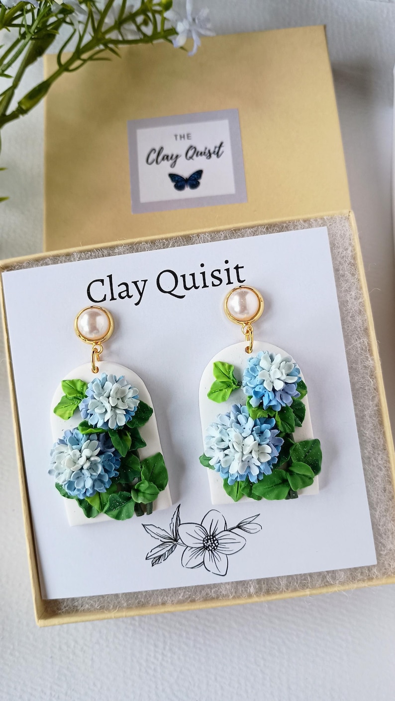Hydrangea Earrings Dangle Floral Clay Earrings Handmade Polymer Clay Jewelry Gift for Mothers Spring Flower Earrings Gift Ideas for Wife Oval - Blue