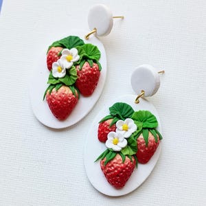 Strawberry Earrings Dangle Fruit Earrings Handmade Polymer Clay Earrings Jewelry Cute Strawberry Gift for Girlfriend 2&quot; long Hypoallergenic