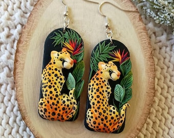 Cheetah Earrings Dangle Leopard Earrings Handmade Polymer Clay Animal Jewelry Birthday Gift Idea for Mother Unique Gift for Wife