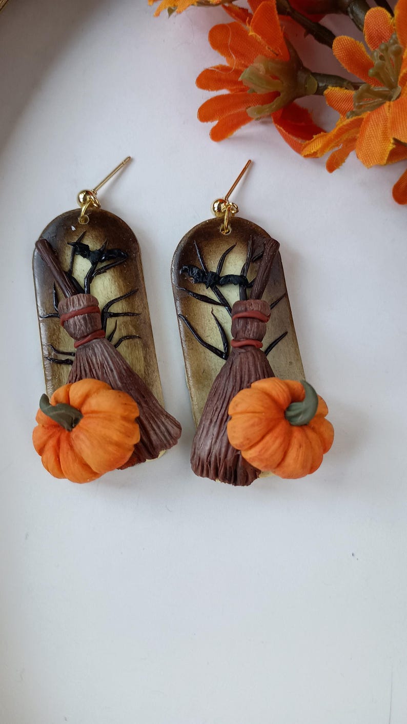 Witchy Earrings Dangle Halloween Witch Earrings Handmade Polymer Clay Pumpkin Earrings Witchy Gift Dark Academia Gift image 9