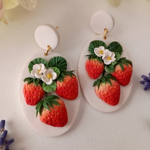Strawberry Earrings Dangle Fruit Earrings Handmade Polymer Clay Earrings Jewelry Cute Strawberry Gift for Girlfriend 2" long Hypoallergenic