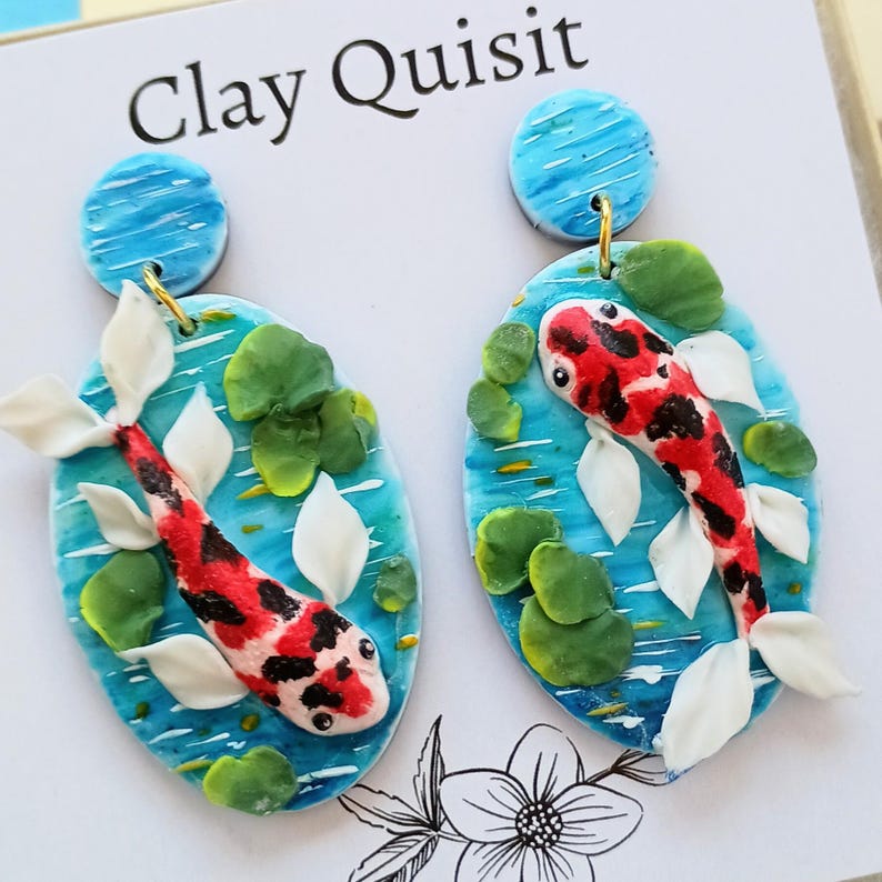 Koi Fish Earrings Dangle Polymer Clay Earring Statement Art Earrings Japanese Earrings Unique Gift for Her Koi Fish Jewelry Gift Ideas image 9