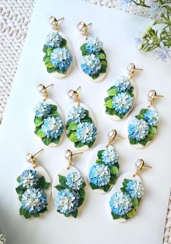 Hydrangea Earrings Dangle Floral Clay Earrings Handmade Polymer Clay Jewelry Gift for Mothers Spring Flower Earrings Gift Ideas for Wife