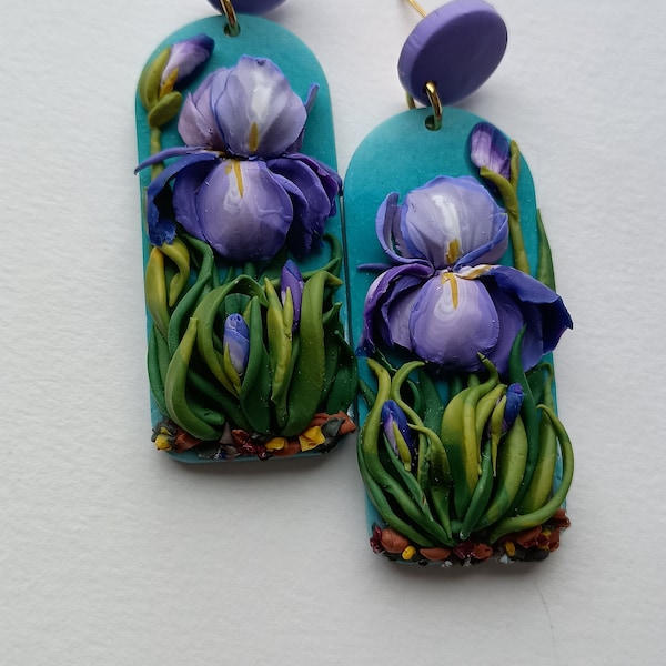 Iris Earrings Handmade Polymer Clay Earrings Spring Flower Jewelry Iris Gift Cottage Core Statement Earrings 2 1/4 inches long Hypoallergeni