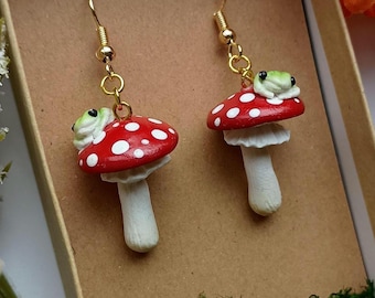 Mushroom Earrings Cute Frog Earrings Dangle Polymer Clay Earrings Gift for Daughter Jewelry Birthday Gift Under 20 Gift  for Girlfriend