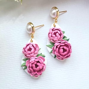 Peony Earrings Dangle Polymer Clay Flower Earrings Handmade Floral Jewelry Gift for Her Pink Flower Earrings Birthday Gift Ideas for Mother